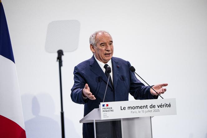 Prime Minister François Bayrou during the presentation of the measures adopted to curb the public deficit for the 2026 budget, in Paris on July 15, 2025.