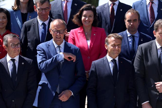 German Chancellor Friedrich Merz (second from left), French President Emmanuel Macron (right) and members of their respective cabinets after a Franco-German cabinet meeting in Toulon, France, August 29, 2025.
