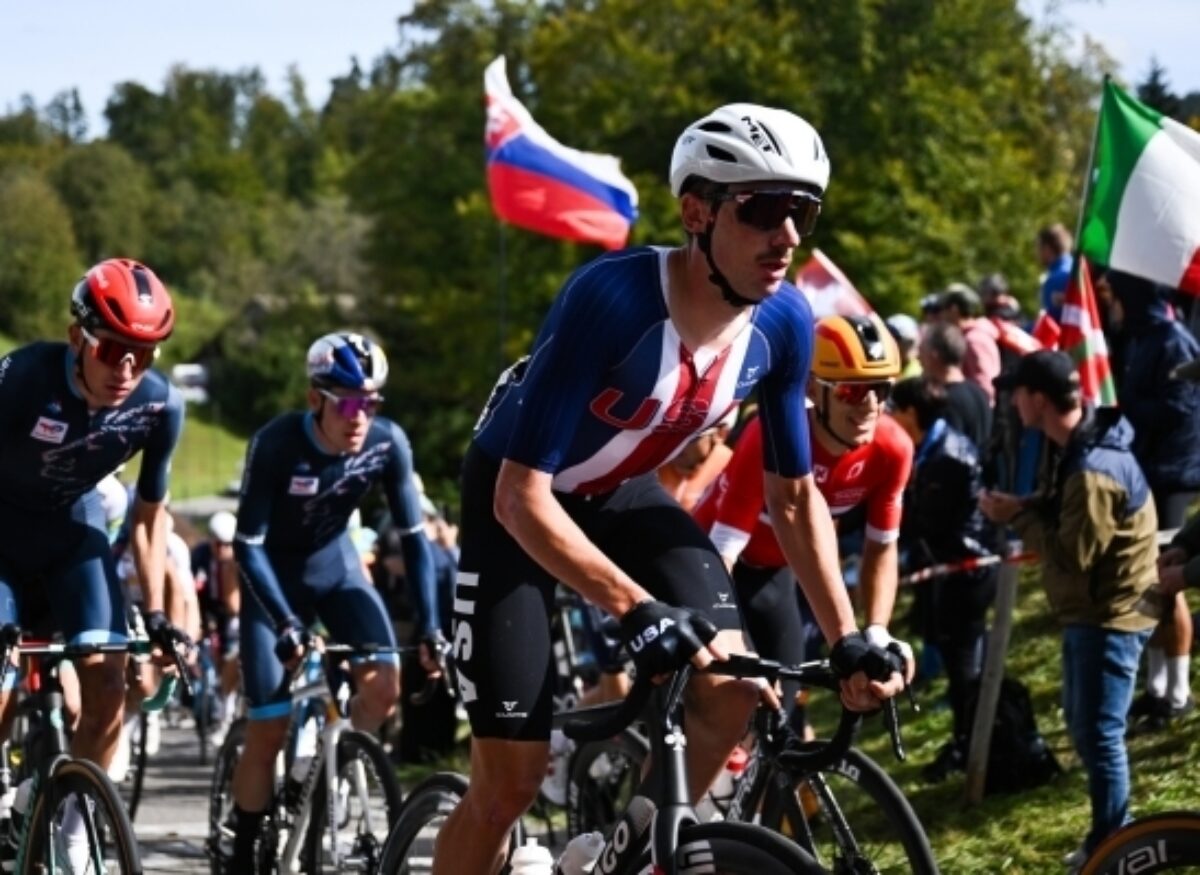 USA Cycling bike racer riding in a race
