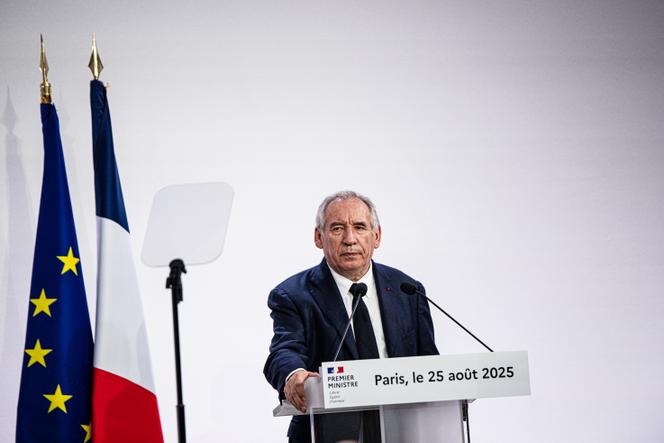 Prime Minister François Bayrou during a press conference in Paris on August 25, 2025.