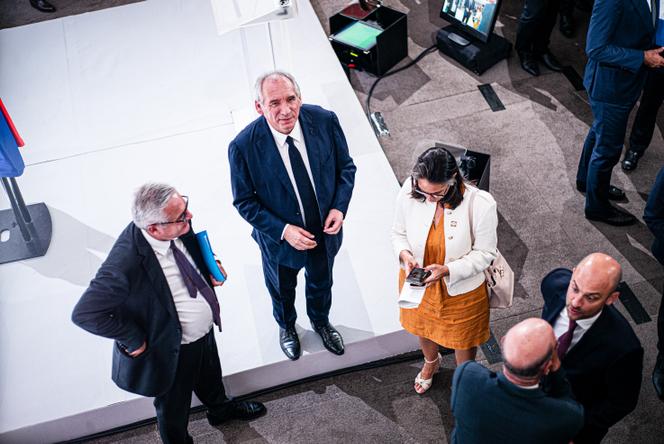 French Prime Minister François Bayrou, with his chief of staff, Pierre-Emmanuel Portheret and his deputy chief of staff, Adeline Savy, on August 25, 2025.