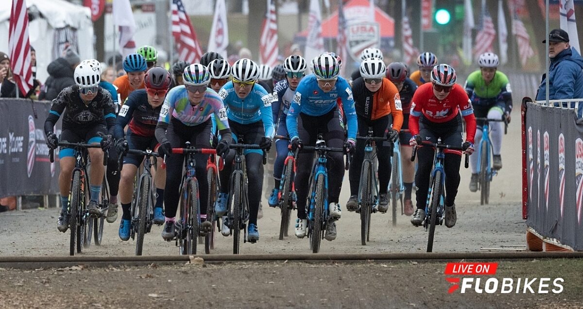 A group of gravel bike racers sprinting for the finish line