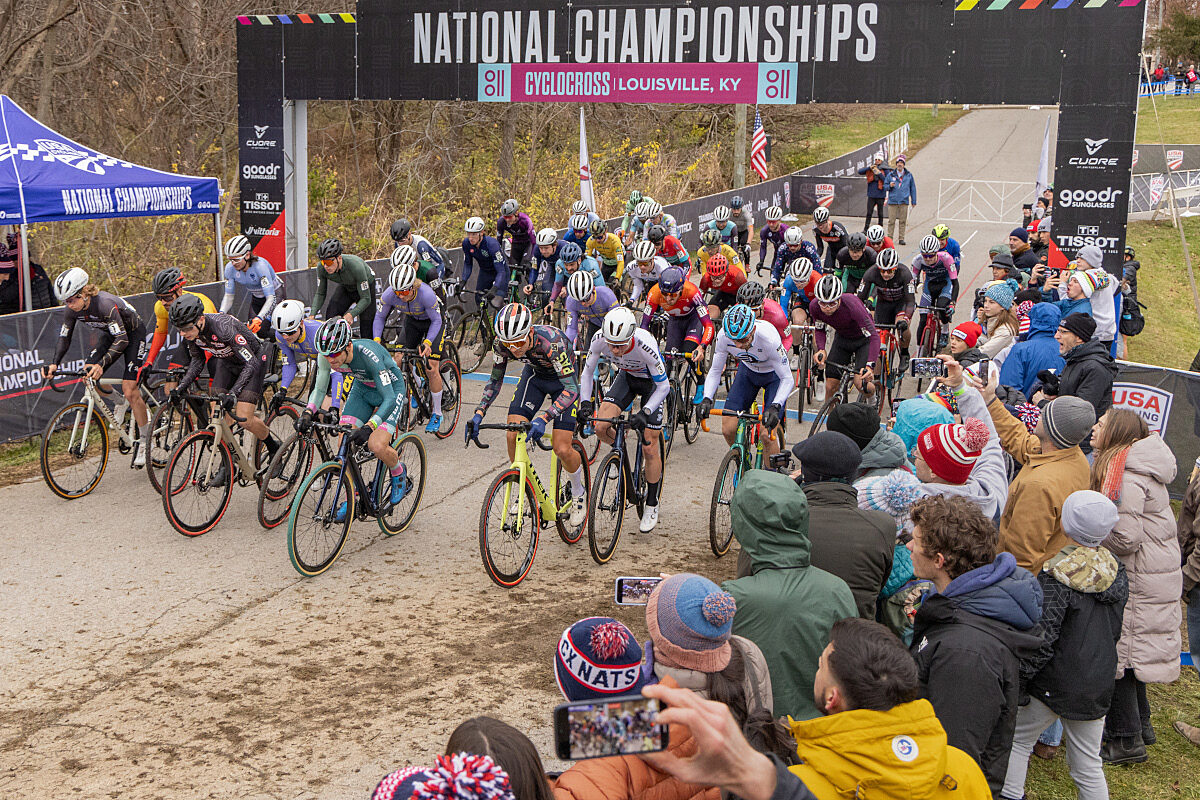 A group of gravel riders starting a race